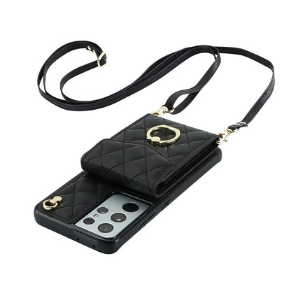 For Samsung Galaxy S21 Ultra 5G Case Card Bag Leather+TPU Crossbody Cover with Ring Kickstand