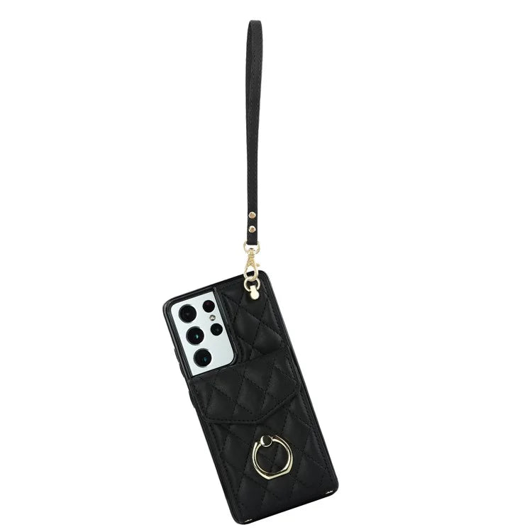 For Samsung Galaxy S21 Ultra 5G Case Card Bag Leather+TPU Crossbody Cover with Ring Kickstand