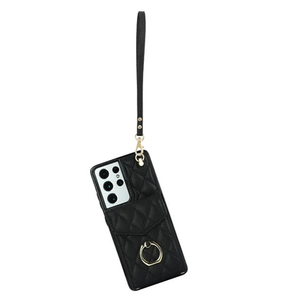 For Samsung Galaxy S21 Ultra 5G Case Card Bag Leather+TPU Crossbody Cover with Ring Kickstand