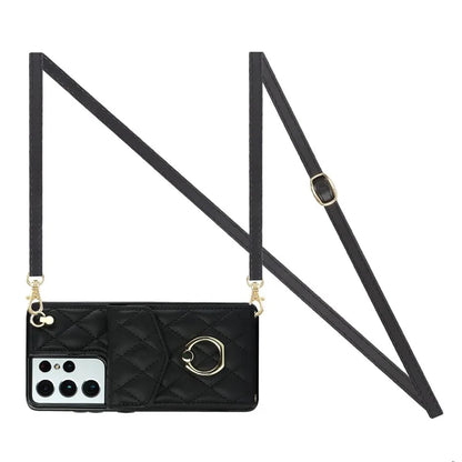 For Samsung Galaxy S21 Ultra 5G Case Card Bag Leather+TPU Crossbody Cover with Ring Kickstand