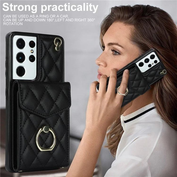 For Samsung Galaxy S21 Ultra 5G Case Card Bag Leather+TPU Crossbody Cover with Ring Kickstand