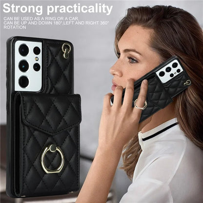 For Samsung Galaxy S21 Ultra 5G Case Card Bag Leather+TPU Crossbody Cover with Ring Kickstand