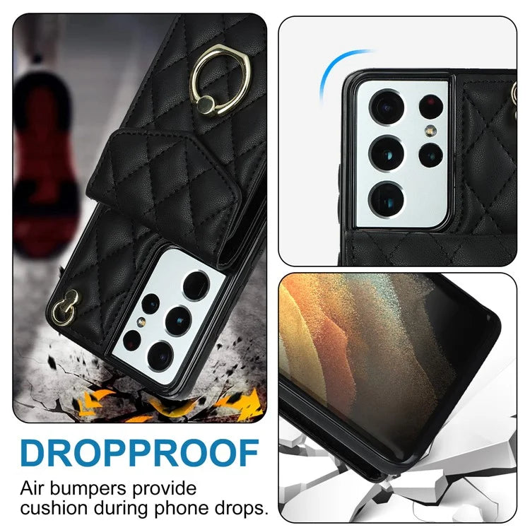 For Samsung Galaxy S21 Ultra 5G Case Card Bag Leather+TPU Crossbody Cover with Ring Kickstand