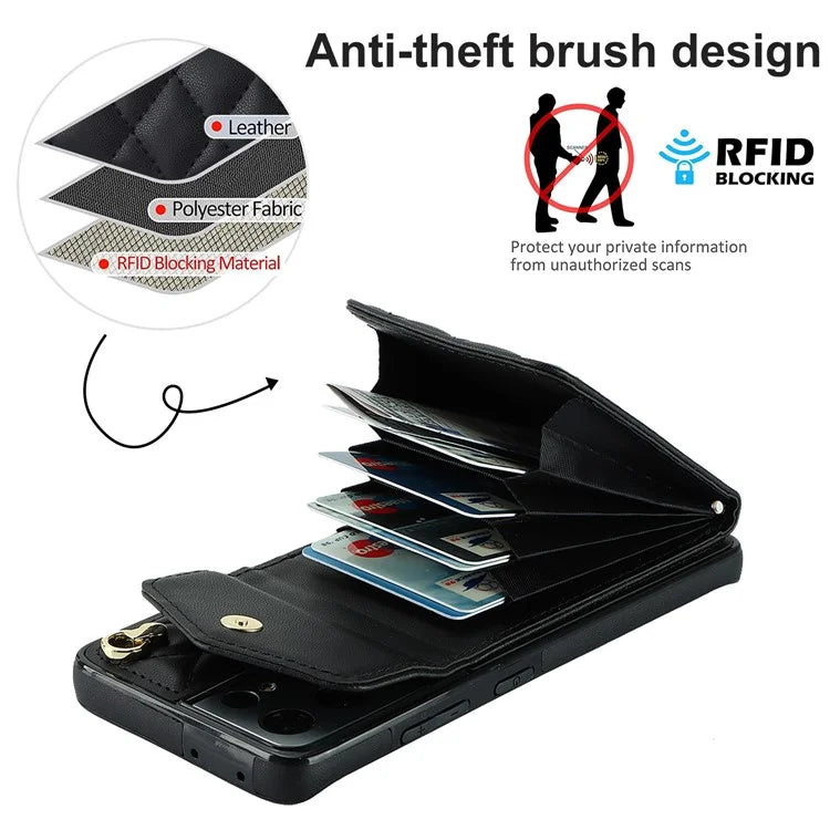 For Samsung Galaxy S21 Ultra 5G Case Card Bag Leather+TPU Crossbody Cover with Ring Kickstand