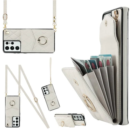 For Samsung Galaxy S21 Ultra 5G Case Card Bag Leather+TPU Crossbody Cover with Ring Kickstand