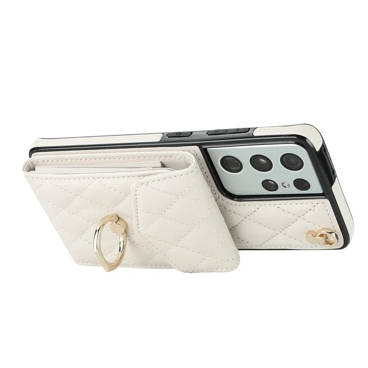 For Samsung Galaxy S21 Ultra 5G Case Card Bag Leather+TPU Crossbody Cover with Ring Kickstand