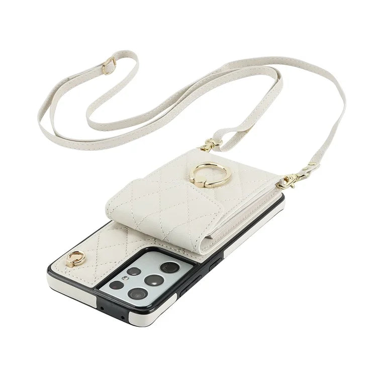 For Samsung Galaxy S21 Ultra 5G Case Card Bag Leather+TPU Crossbody Cover with Ring Kickstand