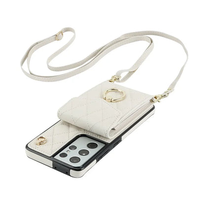 For Samsung Galaxy S21 Ultra 5G Case Card Bag Leather+TPU Crossbody Cover with Ring Kickstand