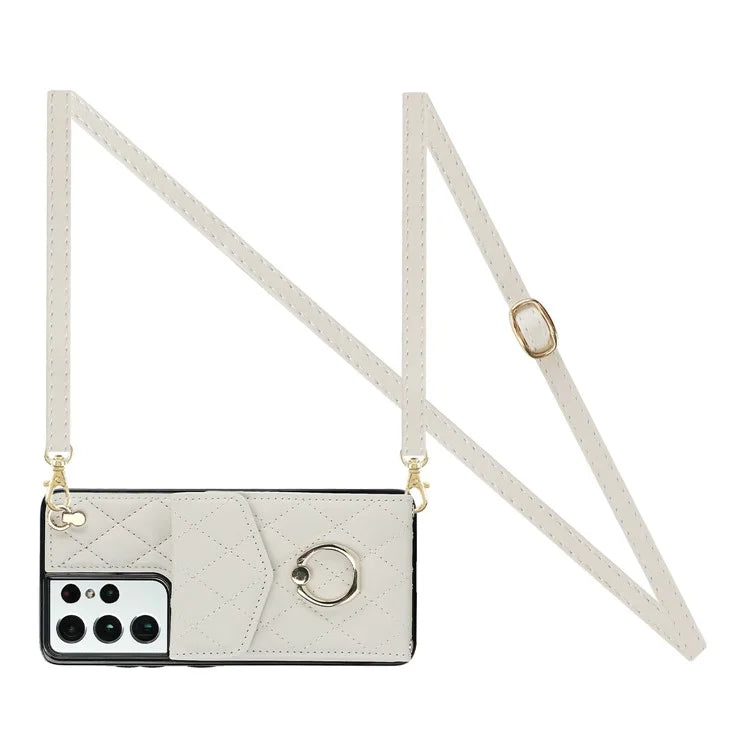 For Samsung Galaxy S21 Ultra 5G Case Card Bag Leather+TPU Crossbody Cover with Ring Kickstand