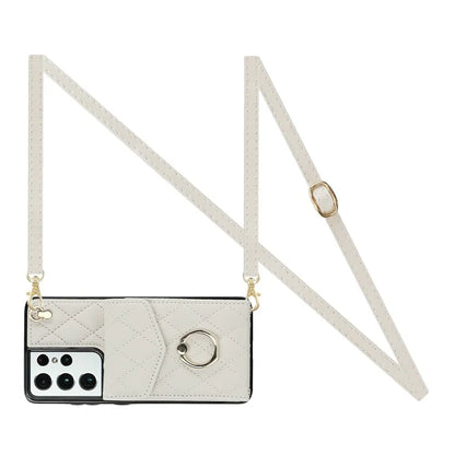 For Samsung Galaxy S21 Ultra 5G Case Card Bag Leather+TPU Crossbody Cover with Ring Kickstand
