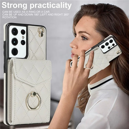 For Samsung Galaxy S21 Ultra 5G Case Card Bag Leather+TPU Crossbody Cover with Ring Kickstand
