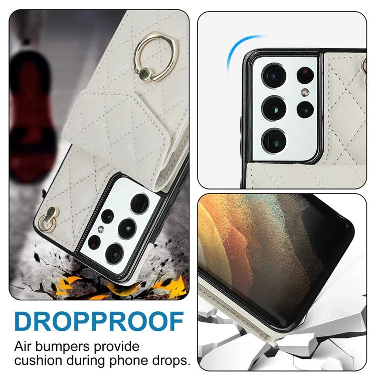 For Samsung Galaxy S21 Ultra 5G Case Card Bag Leather+TPU Crossbody Cover with Ring Kickstand