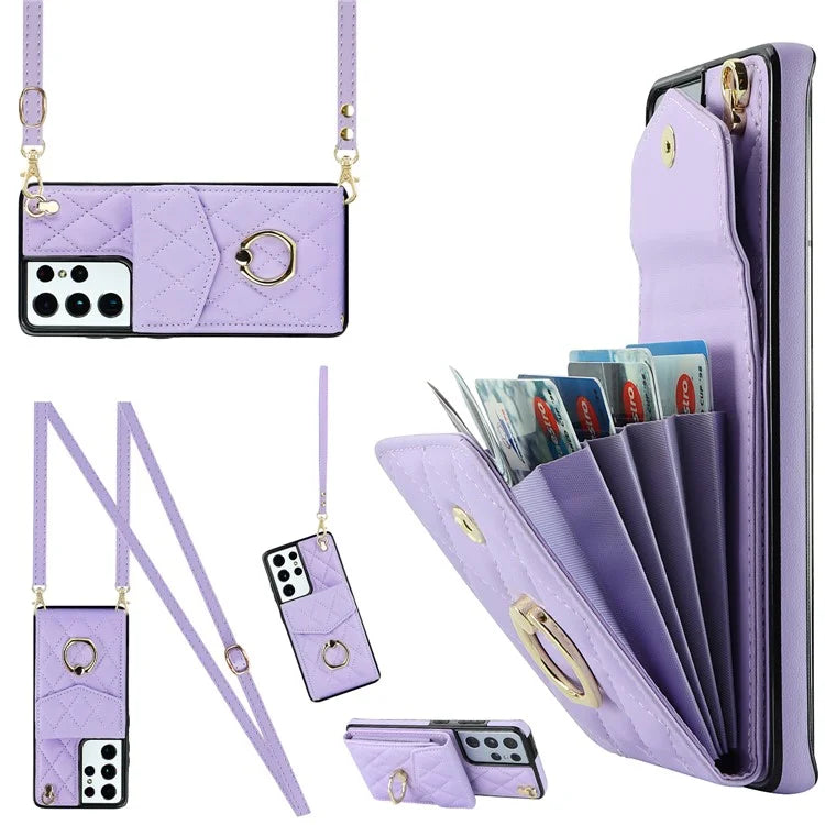 For Samsung Galaxy S21 Ultra 5G Case Card Bag Leather+TPU Crossbody Cover with Ring Kickstand