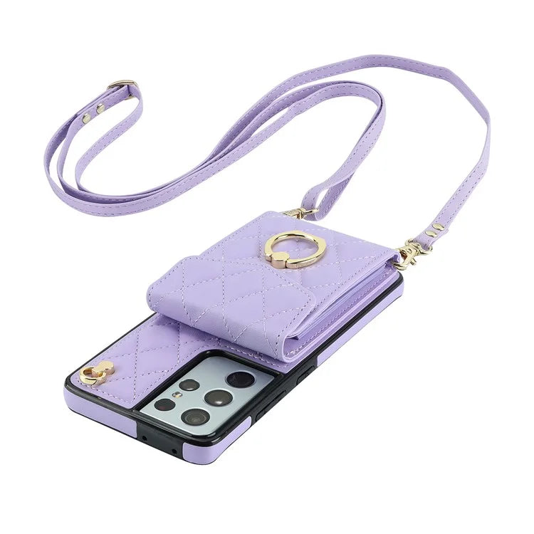 For Samsung Galaxy S21 Ultra 5G Case Card Bag Leather+TPU Crossbody Cover with Ring Kickstand