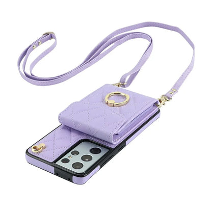 For Samsung Galaxy S21 Ultra 5G Case Card Bag Leather+TPU Crossbody Cover with Ring Kickstand