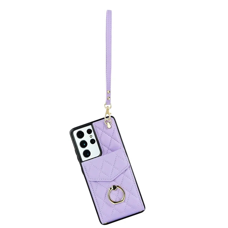 For Samsung Galaxy S21 Ultra 5G Case Card Bag Leather+TPU Crossbody Cover with Ring Kickstand