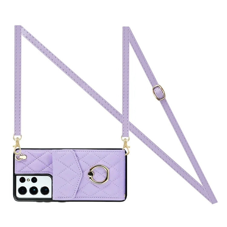 For Samsung Galaxy S21 Ultra 5G Case Card Bag Leather+TPU Crossbody Cover with Ring Kickstand