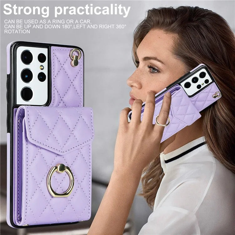 For Samsung Galaxy S21 Ultra 5G Case Card Bag Leather+TPU Crossbody Cover with Ring Kickstand