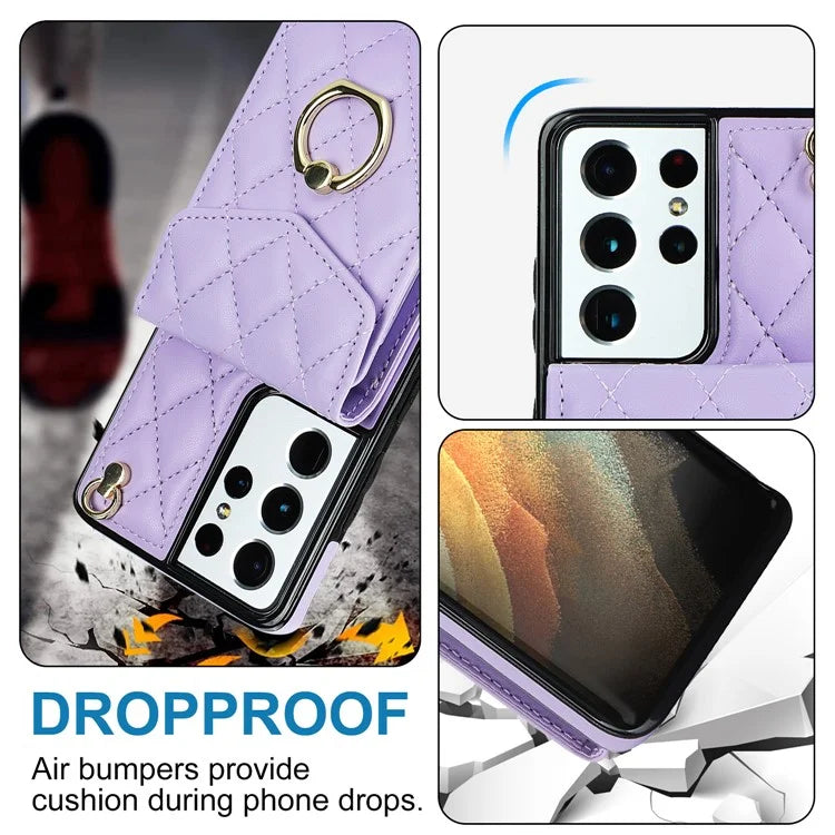For Samsung Galaxy S21 Ultra 5G Case Card Bag Leather+TPU Crossbody Cover with Ring Kickstand
