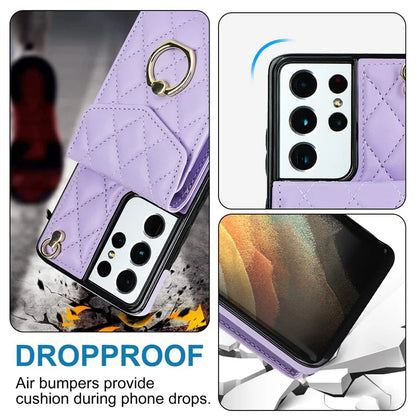 For Samsung Galaxy S21 Ultra 5G Case Card Bag Leather+TPU Crossbody Cover with Ring Kickstand