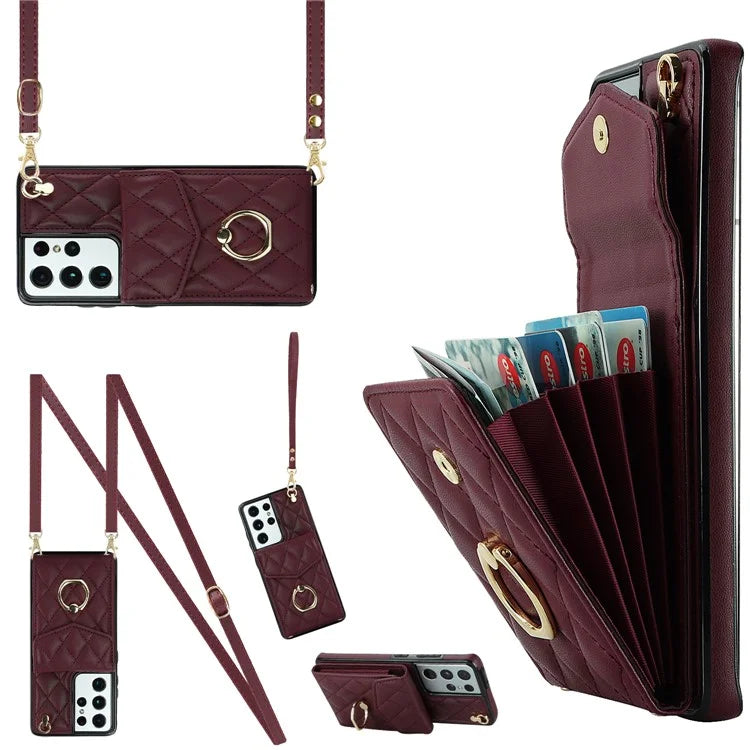 For Samsung Galaxy S21 Ultra 5G Case Card Bag Leather+TPU Crossbody Cover with Ring Kickstand