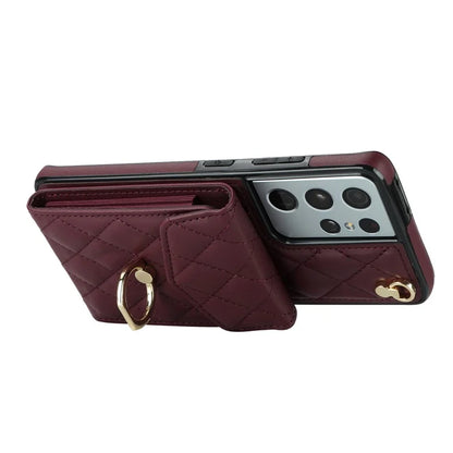 For Samsung Galaxy S21 Ultra 5G Case Card Bag Leather+TPU Crossbody Cover with Ring Kickstand