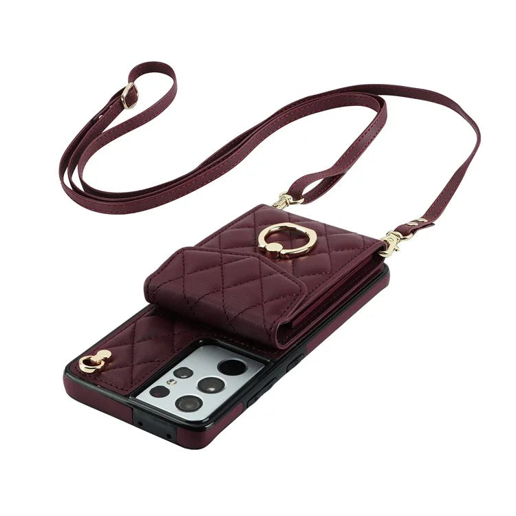 For Samsung Galaxy S21 Ultra 5G Case Card Bag Leather+TPU Crossbody Cover with Ring Kickstand