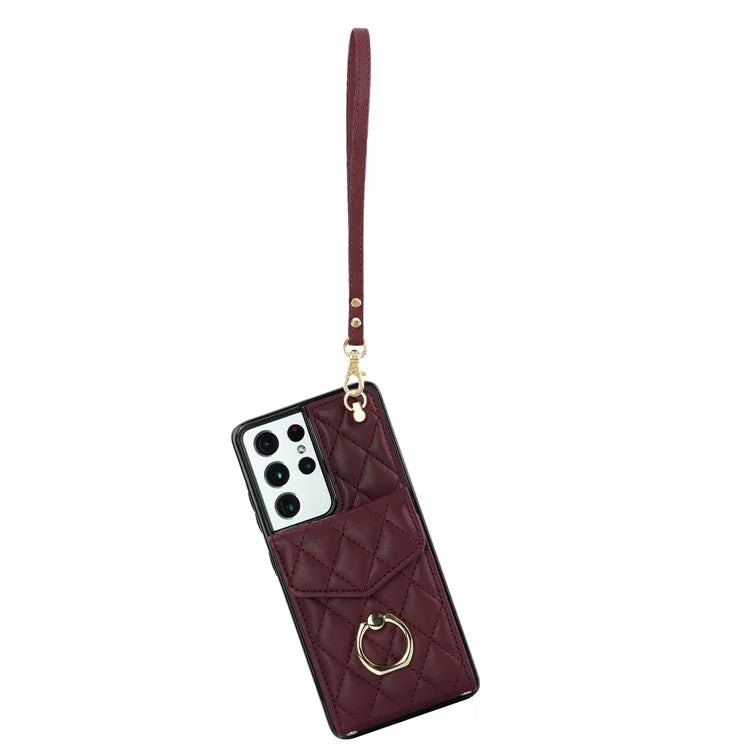 For Samsung Galaxy S21 Ultra 5G Case Card Bag Leather+TPU Crossbody Cover with Ring Kickstand
