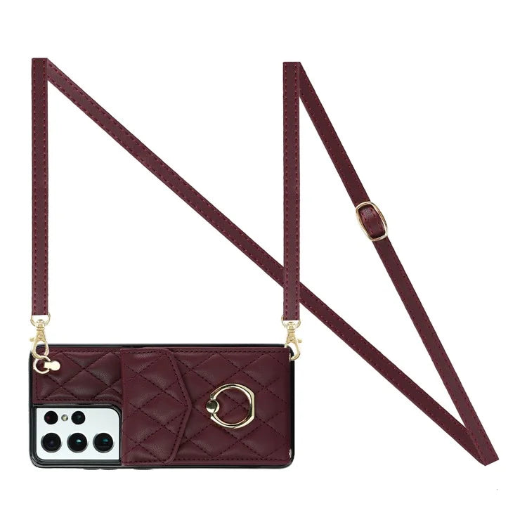 For Samsung Galaxy S21 Ultra 5G Case Card Bag Leather+TPU Crossbody Cover with Ring Kickstand