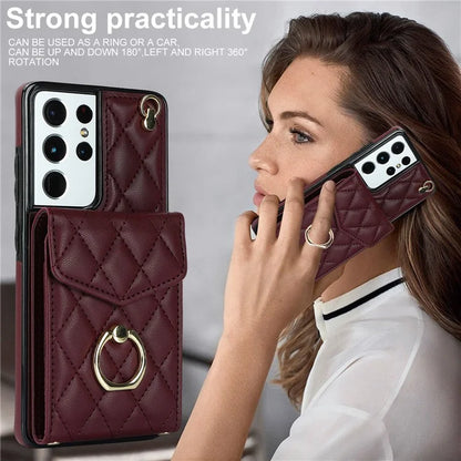 For Samsung Galaxy S21 Ultra 5G Case Card Bag Leather+TPU Crossbody Cover with Ring Kickstand