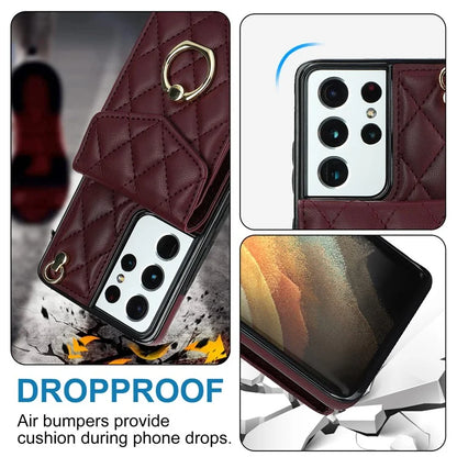 For Samsung Galaxy S21 Ultra 5G Case Card Bag Leather+TPU Crossbody Cover with Ring Kickstand