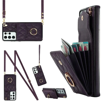 For Samsung Galaxy S21 Ultra 5G Case Card Bag Leather+TPU Crossbody Cover with Ring Kickstand