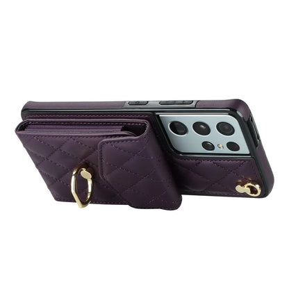 For Samsung Galaxy S21 Ultra 5G Case Card Bag Leather+TPU Crossbody Cover with Ring Kickstand