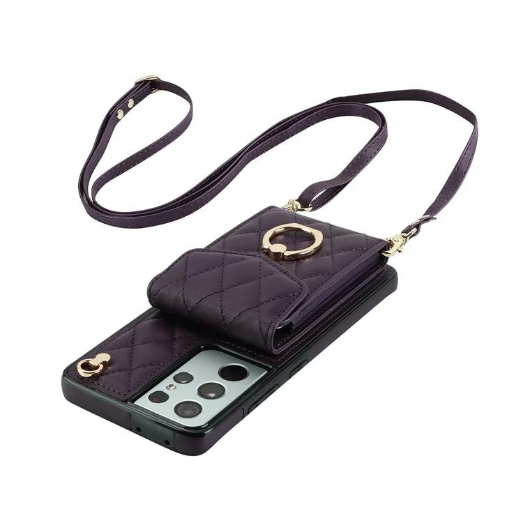 For Samsung Galaxy S21 Ultra 5G Case Card Bag Leather+TPU Crossbody Cover with Ring Kickstand