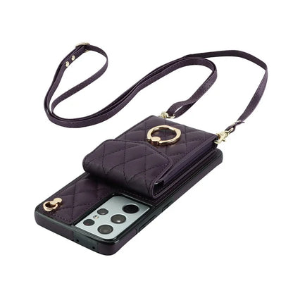 For Samsung Galaxy S21 Ultra 5G Case Card Bag Leather+TPU Crossbody Cover with Ring Kickstand