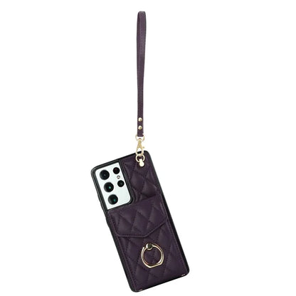 For Samsung Galaxy S21 Ultra 5G Case Card Bag Leather+TPU Crossbody Cover with Ring Kickstand