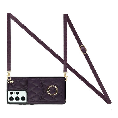 For Samsung Galaxy S21 Ultra 5G Case Card Bag Leather+TPU Crossbody Cover with Ring Kickstand