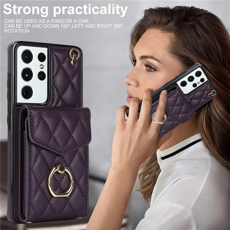 For Samsung Galaxy S21 Ultra 5G Case Card Bag Leather+TPU Crossbody Cover with Ring Kickstand