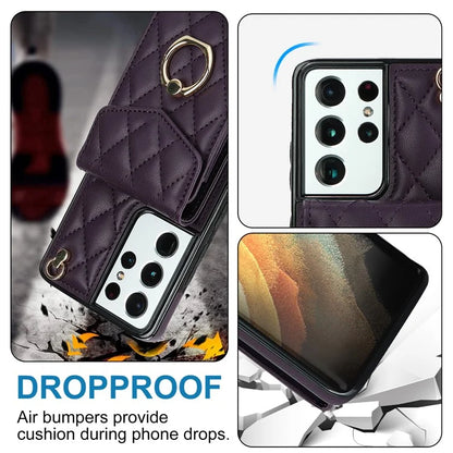 For Samsung Galaxy S21 Ultra 5G Case Card Bag Leather+TPU Crossbody Cover with Ring Kickstand