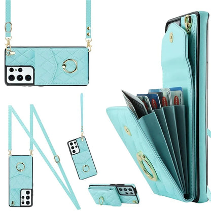 For Samsung Galaxy S21 Ultra 5G Case Card Bag Leather+TPU Crossbody Cover with Ring Kickstand