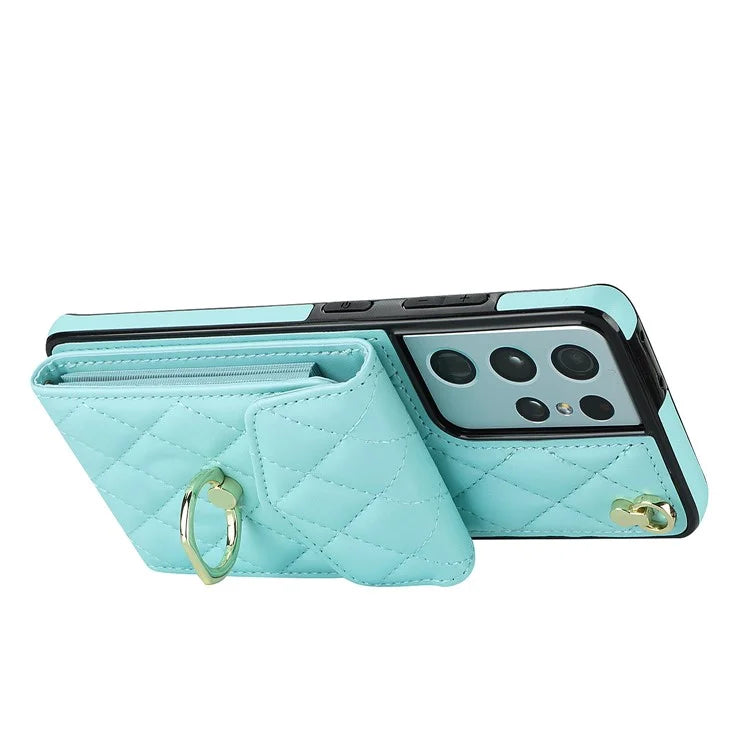For Samsung Galaxy S21 Ultra 5G Case Card Bag Leather+TPU Crossbody Cover with Ring Kickstand