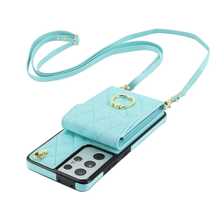 For Samsung Galaxy S21 Ultra 5G Case Card Bag Leather+TPU Crossbody Cover with Ring Kickstand