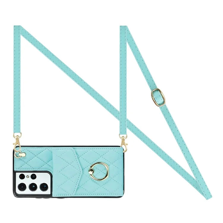 For Samsung Galaxy S21 Ultra 5G Case Card Bag Leather+TPU Crossbody Cover with Ring Kickstand