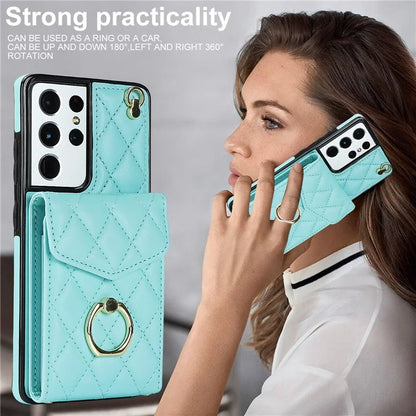 For Samsung Galaxy S21 Ultra 5G Case Card Bag Leather+TPU Crossbody Cover with Ring Kickstand