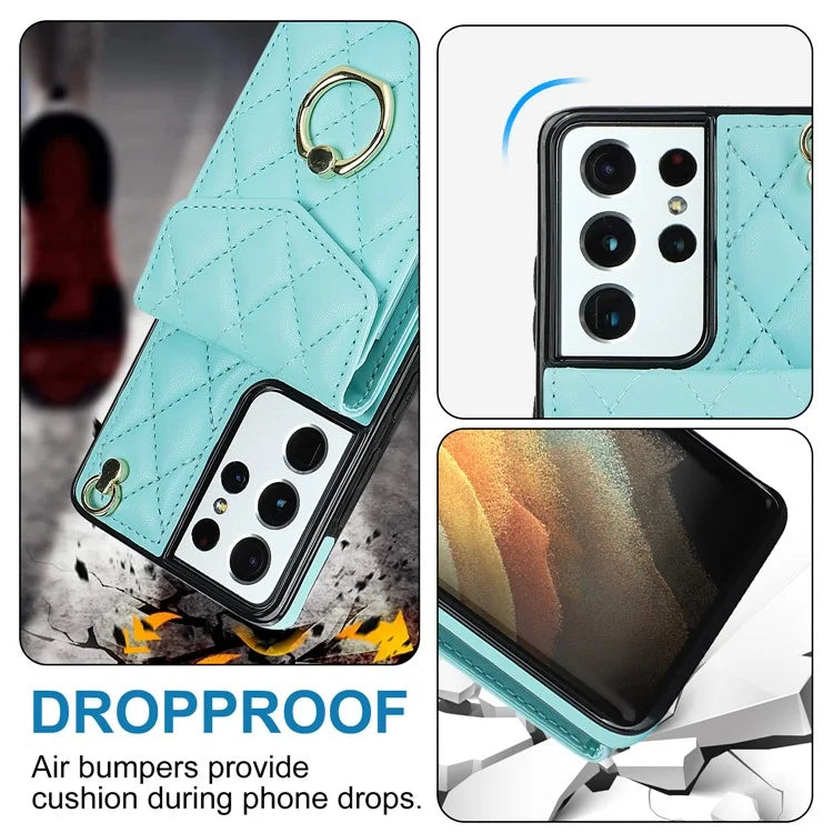 For Samsung Galaxy S21 Ultra 5G Case Card Bag Leather+TPU Crossbody Cover with Ring Kickstand