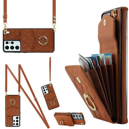 For Samsung Galaxy S21 Ultra 5G Case Card Bag Leather+TPU Crossbody Cover with Ring Kickstand