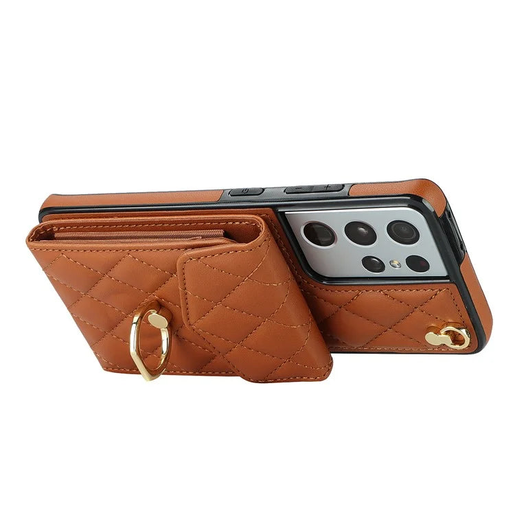 For Samsung Galaxy S21 Ultra 5G Case Card Bag Leather+TPU Crossbody Cover with Ring Kickstand