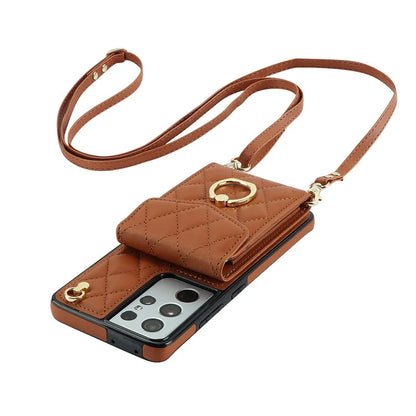 For Samsung Galaxy S21 Ultra 5G Case Card Bag Leather+TPU Crossbody Cover with Ring Kickstand
