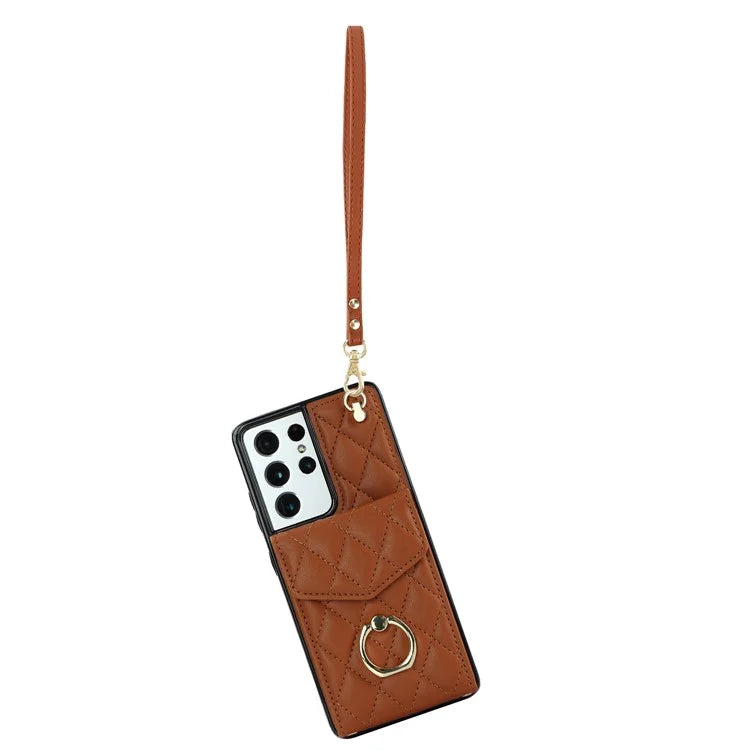 For Samsung Galaxy S21 Ultra 5G Case Card Bag Leather+TPU Crossbody Cover with Ring Kickstand
