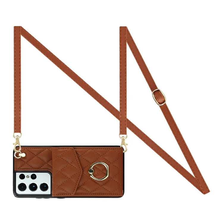 For Samsung Galaxy S21 Ultra 5G Case Card Bag Leather+TPU Crossbody Cover with Ring Kickstand